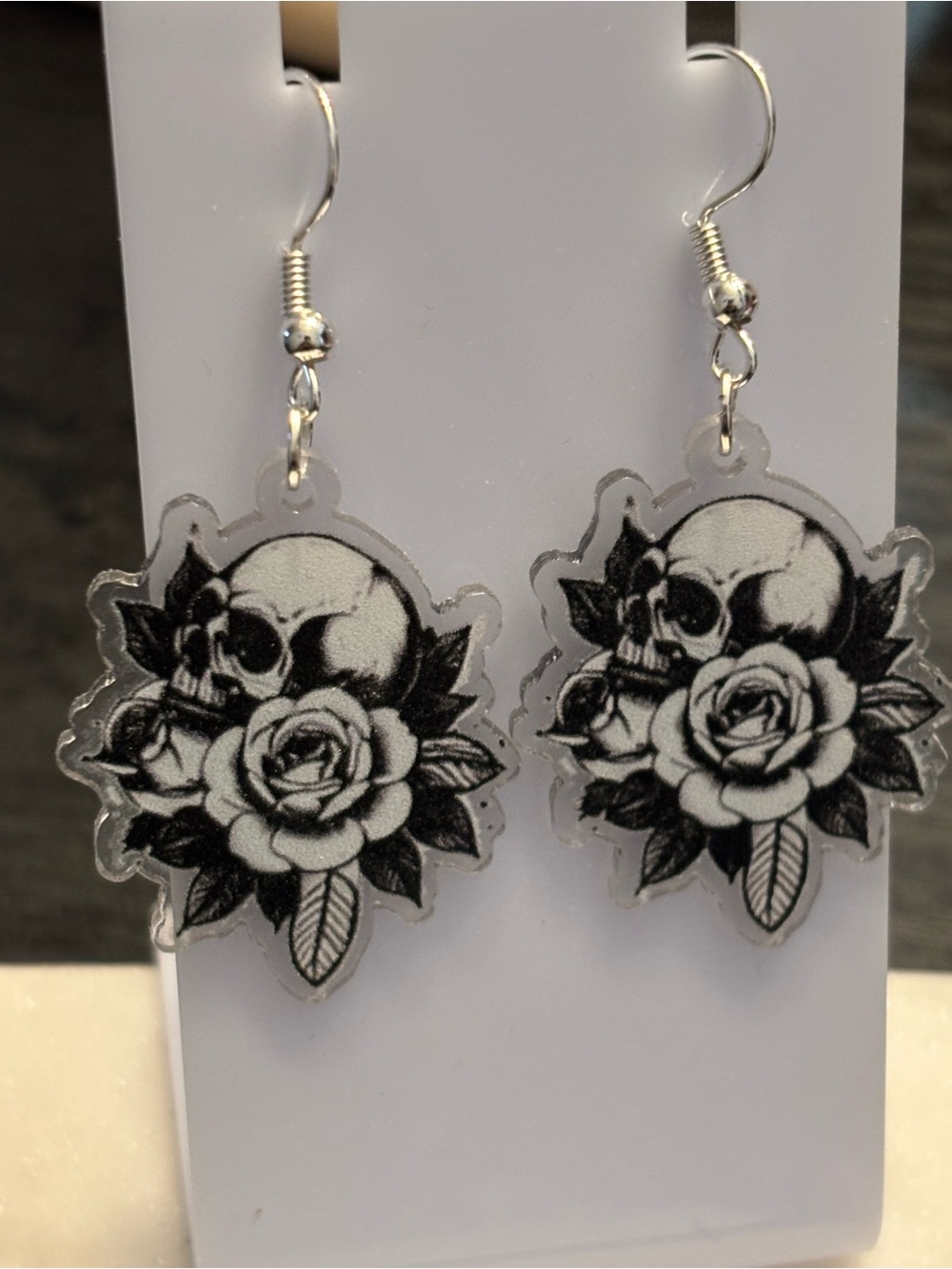 Title: Skull Rose Acrylic Dangle Earrings | Tattoo-Style Skull on Open Rose | Si
